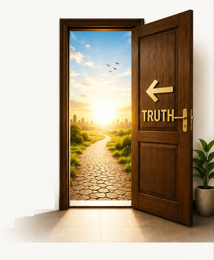 Open door leading to a sunrise path - Truth